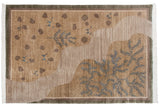 Lower right of Indian folk art rug, featuring shallow carved blue foliage and wavy sand abrash.