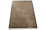 Angled Indian Folk Art carpet, beige, slate blue pictorial landscape, carved contour.