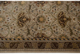 Arts and Crafts floral palmettes, vinery, and patterned border in beige, sage, brown tones.