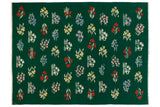 Vintage Romanian Kilim carpet: forest green field, red, ivory, yellow floral blossoms. 8'10
