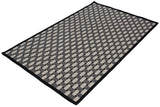 Modern Indian Soumac flatweave: ivory, charcoal, silver basketweave pattern, black border.