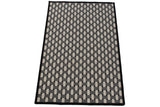 Flat fiber basketweave pattern in ivory, silver, charcoal, and black with banded border.