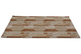 Abstract Indian Soumac rug pattern; rectilinear blocks and concentric circles in ivory, beige, copper.