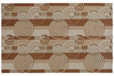 Abstract Indian Soumac carpet, geometric blocks and concentric circles, ivory, beige, copper, 5' x 8'.