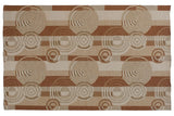 Abstract Indian Soumac carpet detail of rectilinear blocks and concentric ripple effect circles in ivory and copper tones.