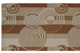 Abstract Soumac carpet with rectilinear blocks, ripple effect circles, ivory, beige, copper.