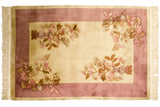 Hand knotted Chinese Art Deco rug with ivory field, carved floral vases, dusty rose border, 4x6.