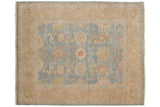 Dusty blue Indian Oushak carpet with allover palmettes and arabesques, sand border, 8'1