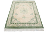 Hand-knotted vintage Indian Peking rug fringe with moss green border and pearl design.