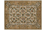 Savonnerie design field with trellis oriented floral bouquets in blush, sky blue, and gold.