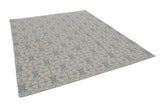 Ivory and powder blue contemporary Indian Soumac carpet, repeating three-dimensional quatrefoil lattice.