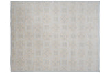 Hand-woven Indian Soumac carpet with three-dimensional roundel medallions in pale blue and ivory, 8x10.