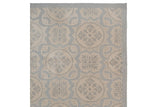 Textured Indian Soumac rug detail, pale blue and ivory roundel pattern with low pile.