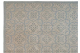Intricate pale blue and ivory roundel medallions on a contemporary Indian Soumac piled rug.