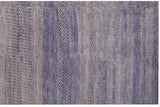 Intricate blue and ivory vertical stripes with varied floral motifs, Modern Indian rug.