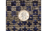 Close-up of Indian Modern carpet pile: plush ivory and blue simulated silk, quarter showing full height.
