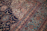 Vintage Indian Ardebil carpet, detailed navy and teal thousand flower fields with inverted coloration.
