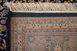 Intact ivory fringe, navy side cord, and intricate floral Ardebil border in blush, beige, sky blue.