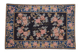 Vintage Indian Chainstitch rug, black field, sapphire blue border, rose floral bouquets, 3'4
