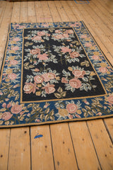 Vintage Indian Chainstitch rug corner, dusty rose floral bouquets on black, dusty denim blue border.