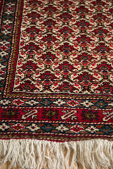 End of the vintage Ardebil runner showing its intricate border and original ivory fringe.