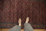 Herati mahi-mahi floral pattern on cochineal red field of an Indian Bijar rug.