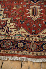 Stylized Samovar turtle border in navy blue and ivory on a brick red Heriz runner.