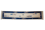 Vintage Chinese Art Deco runner, ivory field, cobalt blue border, vased plants, butterflies.