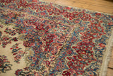 Hand-knotted vintage Kazvin carpet detail, featuring floral sprays in ivory, red, blue, and fringe.