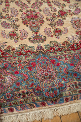 Vintage Kerman carpet fringe and ornate floral border in sky blue, raspberry red, and mint green.