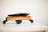 Classic Miniature Industrial Cart side view, displaying torched wood and black antique casters.
