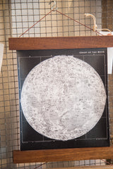Moon Chart Art Print with visible walnut wood rod and string hanger.