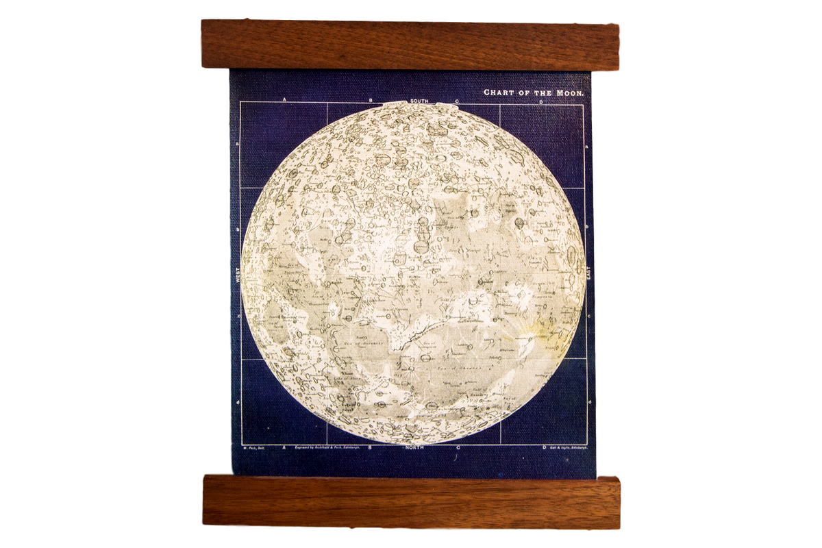 Antique-style ivory lunar map on navy canvas art print with walnut rods.