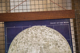 Upper right view of navy and ivory moon chart, intricate surface, walnut hanging rod.