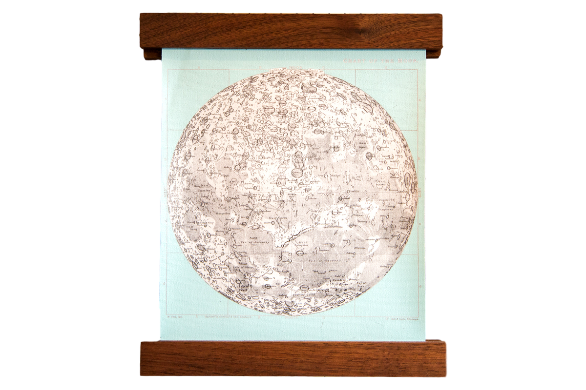 Mini Moon Chart art print on a light aqua canvas with walnut wood hanging rods.