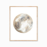 Katelyn Morse neutral moon watercolor art print in light wood frame.