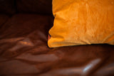 Pillow backing with plush tangerine orange vintage velvet texture.
