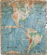 Crinkled and aged Physical Map of America reproduction print in blue, green, and tan.
