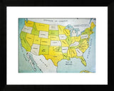 Antique Folk Art USA Map Print, vibrant yellow, green, blue states, black frame.