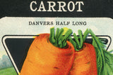 Close-up of Vintage Carrots seed packet wall art, showing halftone print and bold text.