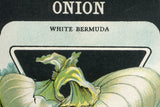 Vintage White Onion seed packet art featuring 'ONION WHITE BERMUDA' text and green shoots.