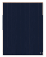 Louise Gray Quilt No. 3, navy cotton with vertical peach stitching, tan border, LG logo.