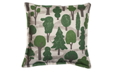 Made in USA Woodland Pillow with green and grey tree graphic and zig-zag paths.