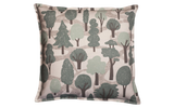 Made in USA Woodland Pillow featuring blue and grey trees with zig zag paths.