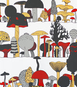 Close-up of retro hand-screenprinted mushroom art in red, black, yellow, and grey.