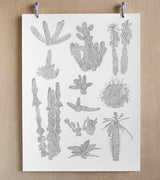 Minimalistic poster with hand-screenprinted black and white cactus art from tiny dots.