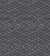 White screen-printed retro geometric pattern on dark grey wallpaper.