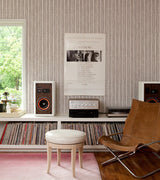 Retro Grey Fishbone Wallpaper with subtle light blue and grey textured vertical stripes.