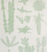 Close-up of light green cactus pattern on grey wallpaper, showing intricate dotted texture.