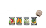 Vintage radish, carrot, onion, and herb seed packets with natural thread spool.